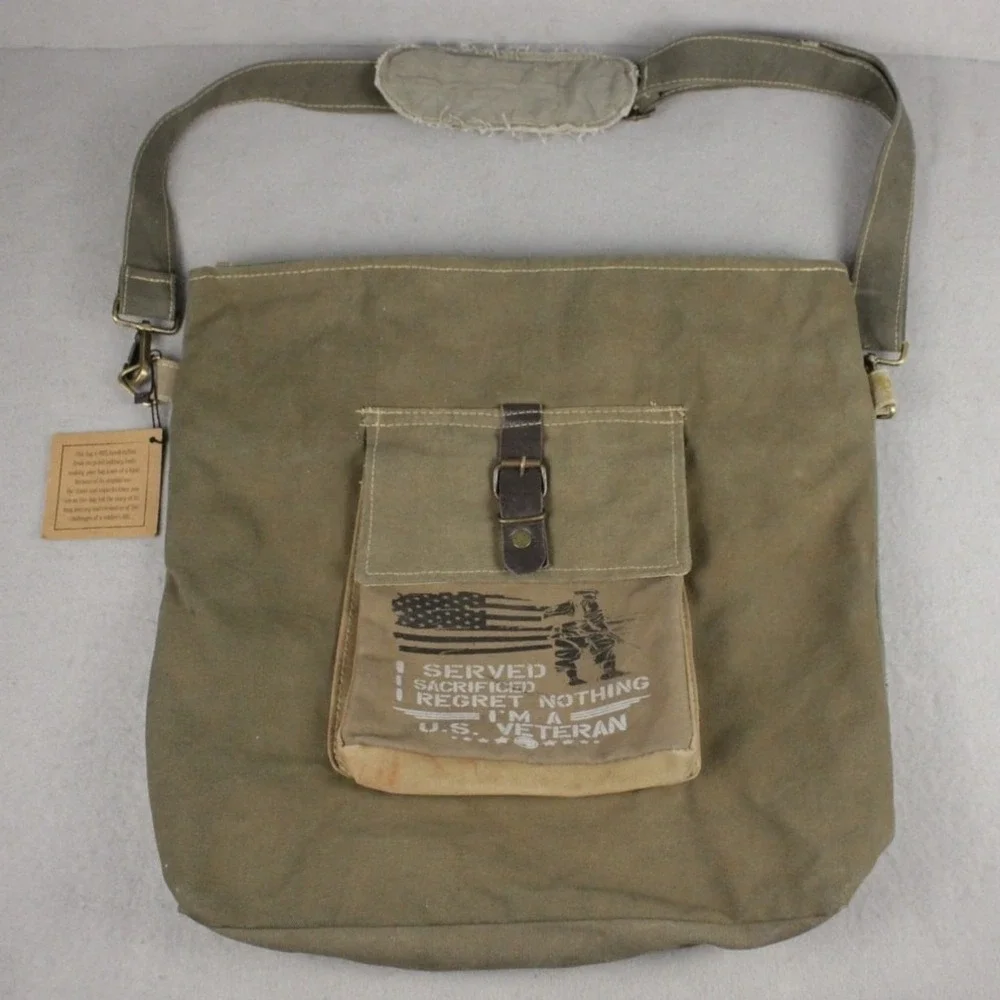 NWT Vintage Addiction Upcycled‎ Military Canvas Messenger Bag US Veteran Olive